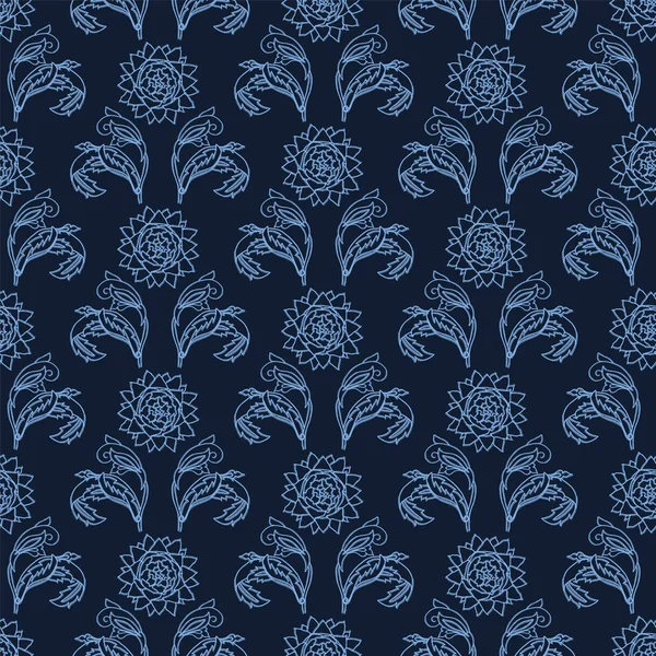 Indigo mavi çiçek motifi Japon tarzı. Desen. El çizilmiş çiçek şam tekstil. Dekoratif sanat nouveaux ev dekorasyonu. Modernist trendy monokrom baskı her yerinde. Dikişsiz vektör.