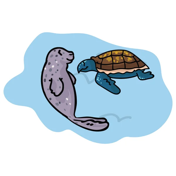 Linda Foca Tortuga Clipart Vida Marina Dibujada Mano — Vector de stock