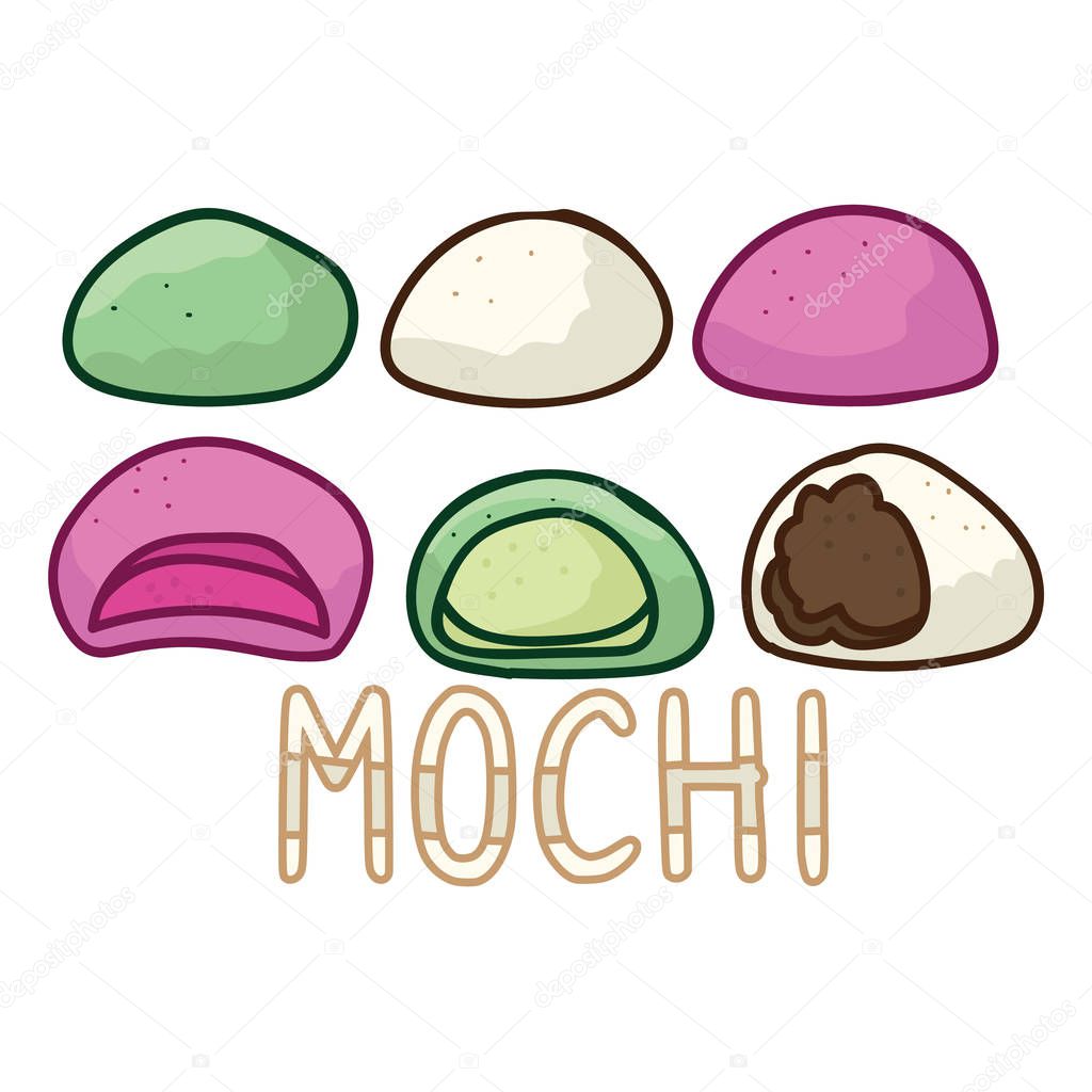 Cute mochi assortment vector. Hand drawn traditional Japanese snack clipart. 