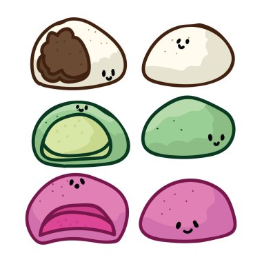 Kawaii geleneksel mochi ürün vektörü. Yüzleri ile el çizilmiş Japon snack clipart. 