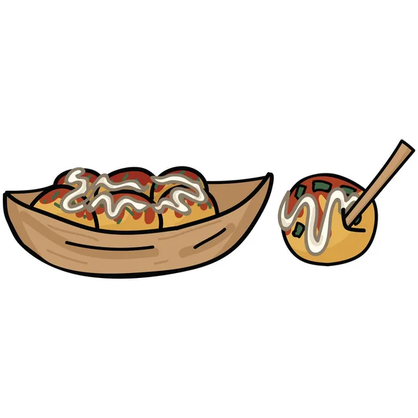 Aranyos Takoyaki tálalva kibír vektor. Kézzel rajzolt polip labda japán snack-. — Stock Vector