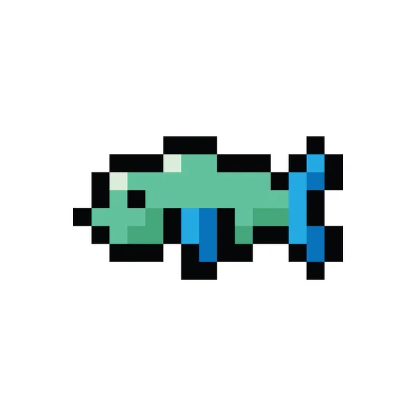 Roztomilá 8bitová malá neomincovní zelená rybí vektorová ilustrace. Klipart s životností v pixelech. — Stockový vektor