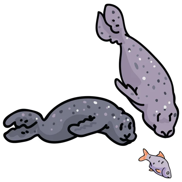 Dos focas cazando peces clipart. Mano dibujado vector mamífero océano . — Vector de stock