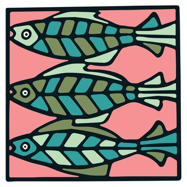 Lindo tres peces salmón clipart baldosas. Ilustración colorida decorativa vector de vida marina — Vector de stock