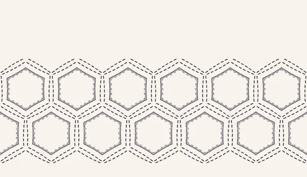 Decorative running stitch embroidery border. Victorian hexagon needlework pattern. Hand drawn ornamental textile ribbon. Ecru cream home decor edging. Monochrome honeycomb seamless vector background — Stock Vector
