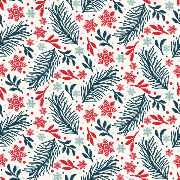 El çizilmiş soyut Noel yeşillik desen. Attı köknar ağacı dalı, kar taneleri kristal arka plan. Kış tatili baskının her yerinde. Şenlikli hediye ambalaj kağıdı illüstrasyon. Dikişsiz vektör swatch.