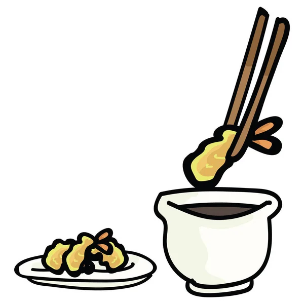 Cute tempura with dipping sauce. Hand drawn Japanese snack clipart. — Stock Vector