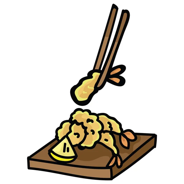 Aranyos garnéla tempura szolgált a tányéron. Kézzel rajzolt japán snack élelmiszer ClipArt. — Stock Vector