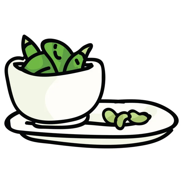 Bonito servido edamame em tigela. Clipart de soja japonês desenhado à mão . —  Vetores de Stock