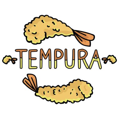 Sevimli karides tempura tipografisi. El çizilmiş japon snack gıda clipart. 