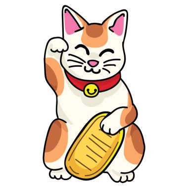 Sikke vektörü ile sevimli şanslı kedi. El yapımı yeneki neko geleneksel clipart. 
