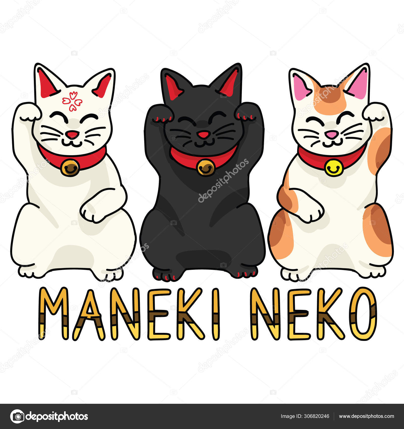 Cute collection of maneki neko cats. Hand drawn japanese luck ...