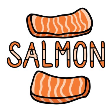 Sevimli somon sashimi tipografi grafik. El çizilmiş japon suşi snack clipart. 