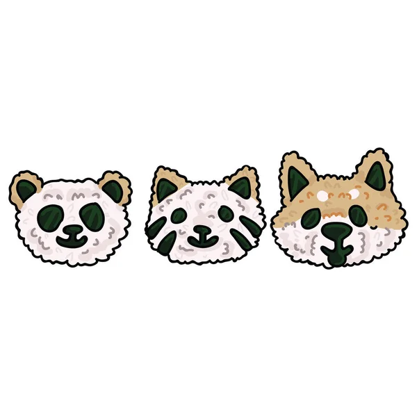 Lindo animal onigiri ilustración conjunto. Dibujado a mano Shiba Inu, gato y panda snack clipart — Vector de stock