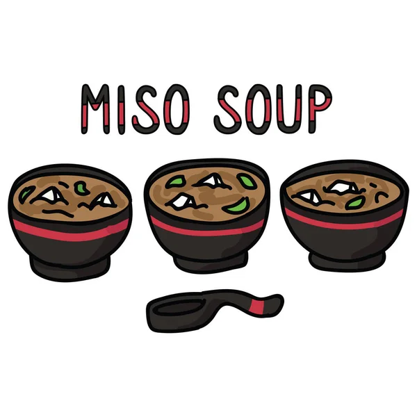 Niedliches Set von Miso-Suppentöpfen mit Typografie-Illustration. handgezeichnete asiatische Lunchlöffel Clip Art. — Stockvektor