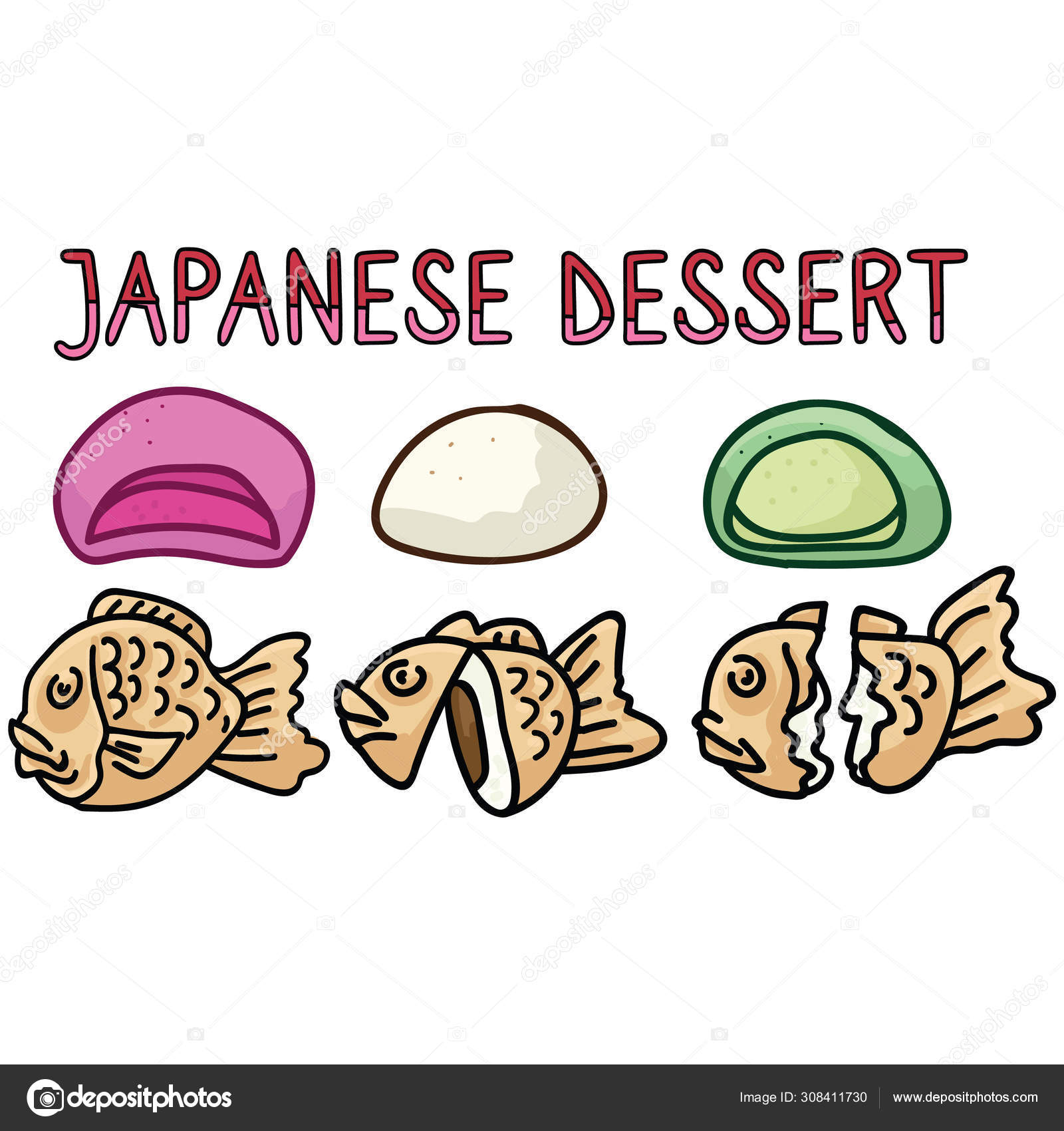 Draw funny kawaii Japan tradition sweet mochi vector illustration