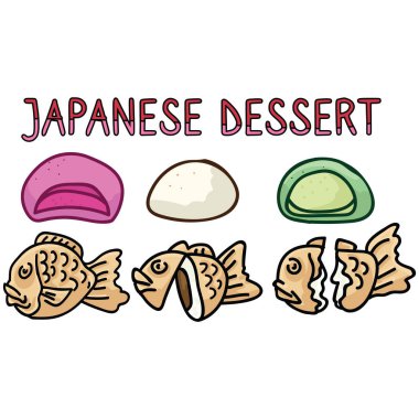 Sevimli Japon tatlı illüstrasyon. El mochi ve taiyaki gıda clipart çizilmiş. 