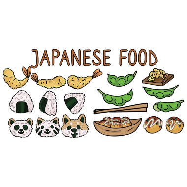 Sevimli Japon gıda seti illüstrasyon. Tempura, onigiri, hayvan şekilleri, edamame, takoyaki Asya snack clipart. 