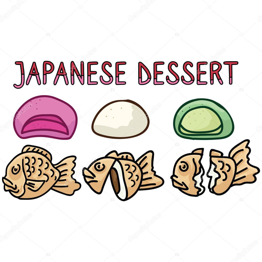 Cute Japanese dessert illustration. Hand drawn mochi and taiyaki food clipart. 