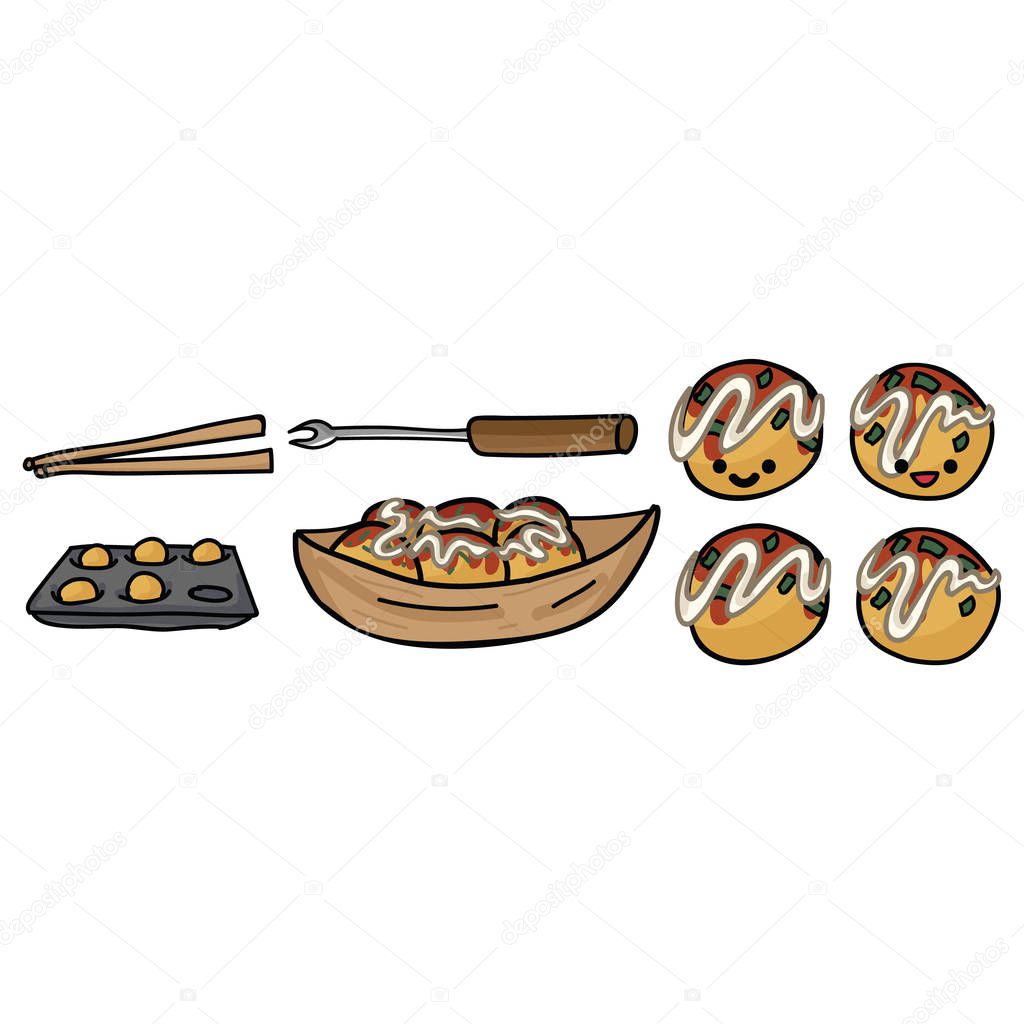 Cute takoyaki cooking set illustration. Hand drawn octopus ball clipart. 