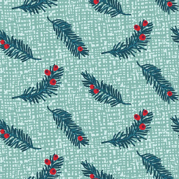 Hand drawn abstract Christmas foliage pattern. Tossed fir tree branch, leaves, berries background. Winter holiday all over print. Festive gift wrapping paper illustration. Seamless vector swatch. — Stock Vector