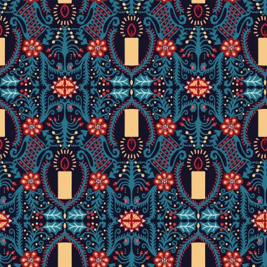 El çizilmiş Noel çiçek mum desen. Yeşil arka plan üzerine stilize holly yaprağı. Kış tatili baskının her yerinde. Şenlikli mum ışığı hediye sarma. Yorgan tarzı illüstrasyon. Dikişsiz vektör swatch.