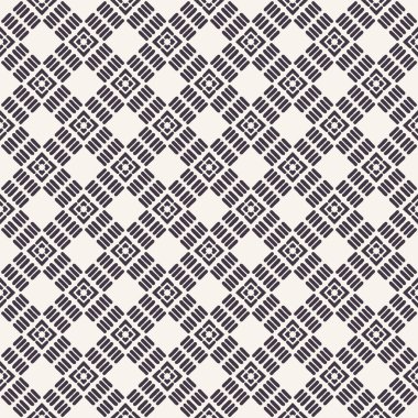 Dikişsiz vektör deseni. El çizilmiş mozaik karo şekilleri. Coğrafi daire arka planı yineleme. Monokrom yüzey tasarımı tekstil swatch, modern ızgara siyah beyaz duvar kağıdı. Baskının her yerinde kare