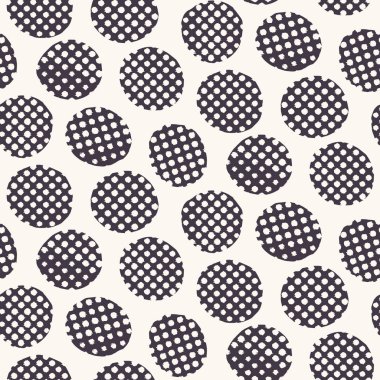 Seamless pattern. Hand drawn imperfect polka dot spot shape background. Monochrome textured dotty black and white imperfect circle all over print swatch clipart