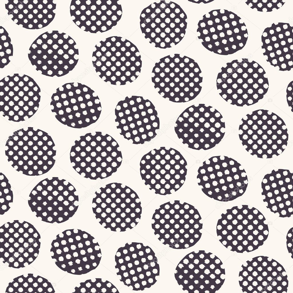 Seamless pattern. Hand drawn imperfect polka dot spot shape background. Monochrome textured dotty black and white imperfect circle all over print swatch