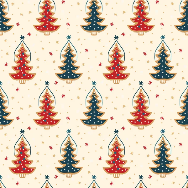 Modèle Sans Couture Arbre Noël Neige Dessiné Main Fond Flocons — Image vectorielle