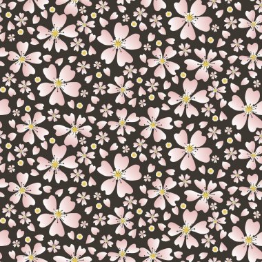 Elle çizilmiş kiraz çiçeği, dikişsiz desen. Japon stili karamsar, solgun çiçekli arka plan. Yumuşak, pembe, nötr tonlar. Asyalı ev dekorasyonu ve moda için her yerde parmak izi var. Vektör örneği yineleniyor.