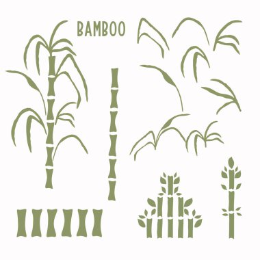 Hand drawn bamboo stem clip art motif collection. Set of modern wagara japanese style icons. Soft grass green neutral tones. Asian home decor blod decor. Traditional graphic design Japan symbols. clipart