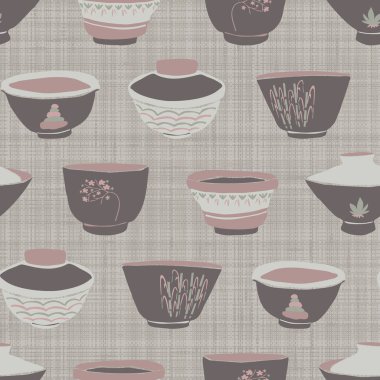 El yapımı Japon çay kasesi pürüzsüz desenli. Beyaz tarafsız tonda bir içecek kasesi. Gri çarşaf izlerinin her yeri. Asya ev dekorasyonu, menü arkaplanı, doğu tarzı. Vektör örneği yineleniyor