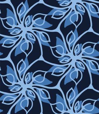 Kusursuz desenli çivit mavisi çiçek motifli Japon tarzı. Elle boyanmış çiçek desenli kumaşlar. Dekoratif sanat ev dekorasyonu. Baskıda modernist moda monokrom var. Vektör örneği.