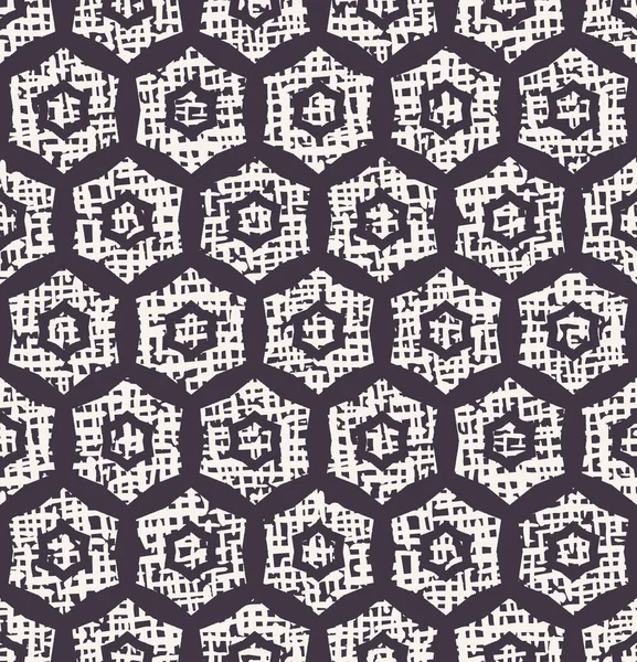 Patrón de vector sin fisuras. Hexagonal texturizado en bruto dibujado a mano. Repetir el fondo geográfico. Muestra textil de diseño de superficie monocromática. Rejilla geométrica moderna fondo de pantalla blanco negro. Scribblings por todas partes imprimir — Vector de stock