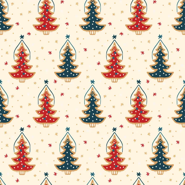 Seamless pattern. Hand drawn snow Christmas tree. Star fir forest snowflakes background. Traditional winter holiday all over print. Festive yule damask gift wrap paper illustration. Vector swatch — Stock Vector