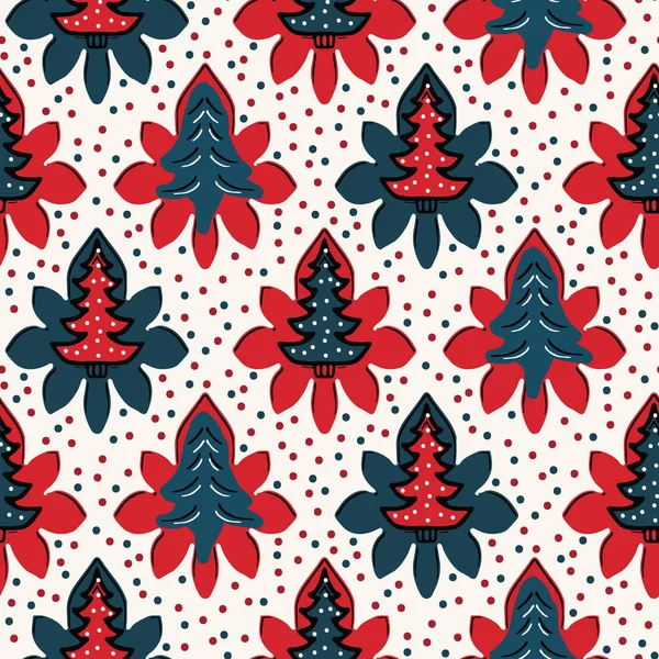 Nahtloses Muster. handgezeichneter stilisierter Weihnachtsbaum blumig. Weihnachtsstern Blume Punkt Hintergrund. Traditioneller Winterurlaub auf der ganzen Welt. festliche Yule Geschenkpapier Illustration. Vektor-Swatch — Stockvektor