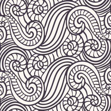 Dikişsiz desen el çizilmiş süs çizgili spiral dalga arka plan. Nehir okyanus su allover baskı. Vektör çizgi sanat swatch
