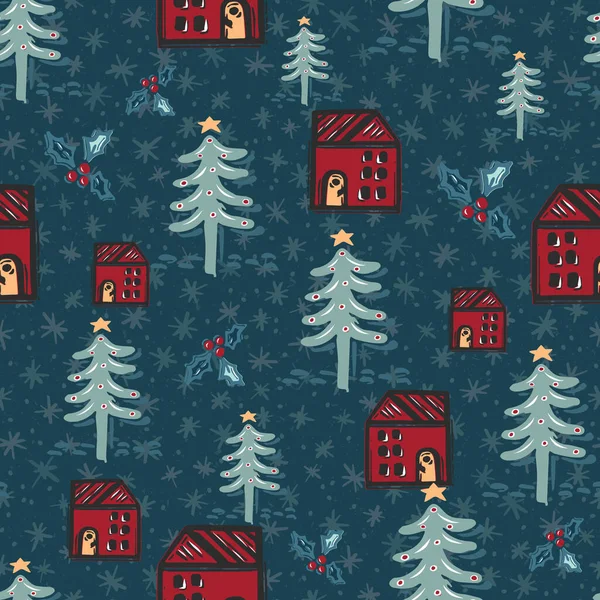 Patrón Sin Costuras Abeto Estrella Navidad Ingenuo Dibujado Mano Casa — Vector de stock