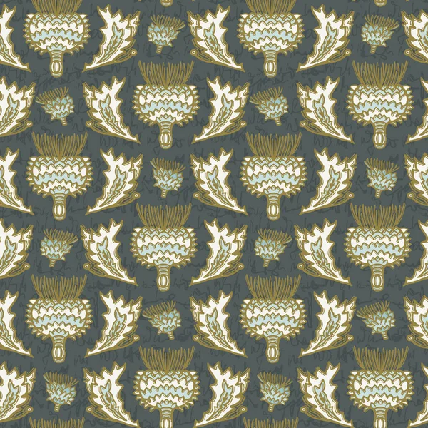 Dikişsiz vektör deseni. El çizilmiş devedikeni yaprağı çiçek maskesi. Baskının her yerinde süs barok. Retro viktorya dönemi swatch