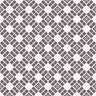 Dikişsiz vektör deseni. El çizilmiş mozaik karo şekilleri. Coğrafi daire arka planı yineleme. Monokrom yüzey tasarımı tekstil swatch, modern ızgara siyah beyaz duvar kağıdı. Baskının her yerinde kare