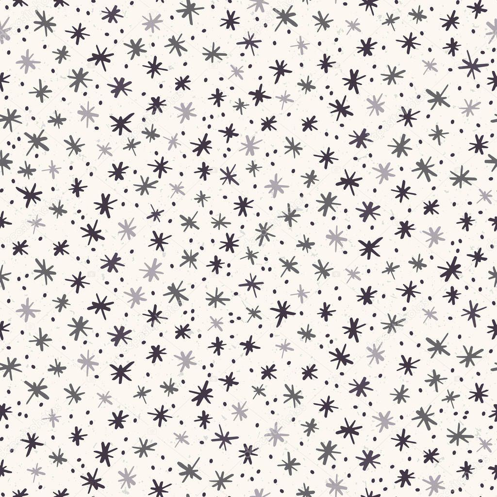 Seamless pattern. Hand drawn abstract winter snowflakes. Stylish crystal stars on ecru background. Elegant simple holiday all over print. Festive gift wrapping paper yule illustration. Vector swatch.