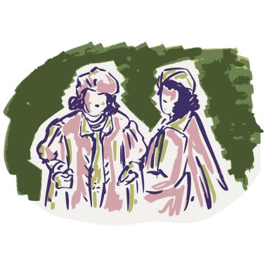 Elle çizilmiş 50 'lerin kadın çizimleri. Sevimli eski moda kadın modeller tırmanıyor.. 