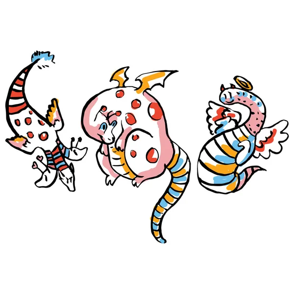 Lindas Ilustraciones Criaturas Dragón Texturizado Dibujado Mano Fantasía Monstruo Clipart — Vector de stock