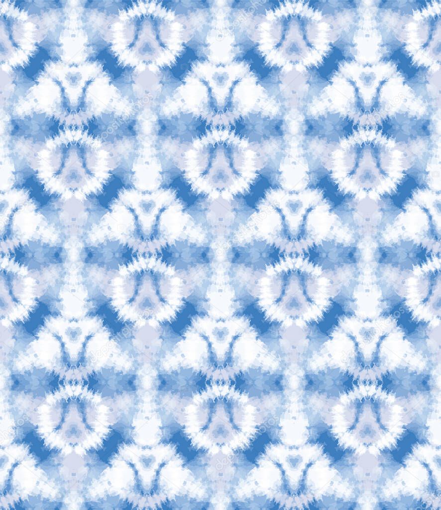 Blurry shibori sunburst tie dye background. Seamless pattern irregular circle on bleached resist white background. Japanese style dip dyed batik textile. Variegated textured trendy fashion swatch