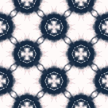 Kalın Shibori kravat bağlama çapraz daire arka plan. Kusursuz desenli çivit mercan beyazlatılmış direnç. Japon stili noktalı ızgara dibi boyanmış batik tekstil. Değişik retro boho desenli moda kumaşı.