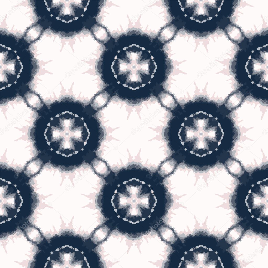 Bold shibori tie dye cross circle background. Seamless pattern indigo coral bleached resist. Japanese style dotted grid dip dyed batik textile. Variegated retro boho textured trendy fashion swatch.