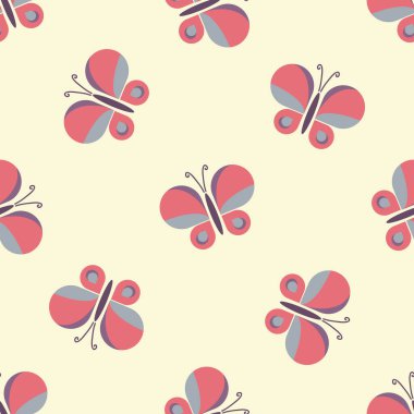 Geometrik retro kelebek vektör deseni tasarımı. Tekstil kumaşı için soyut pembe böcek. Doğa eski vahşi yaşam örnekleri. 