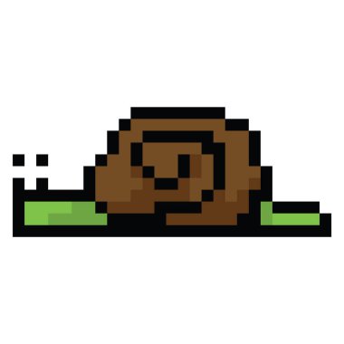 Şirin 8 bit salyangoz vektör çizimi. Bahçe yumuşakça pikseli sanatı. Retro oyun bahçesi böcek perisi.