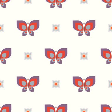 Geometrik retro pembe kelebek vektör deseni hizada. Doğa antika kumaş parçası. Tekstil Kumaşı için soyut mor böcek. 
